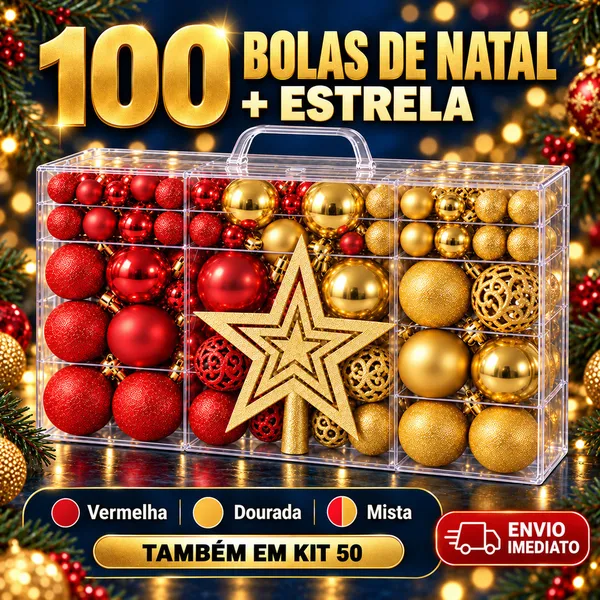 Kit 100 Bolas de Natal E Estrela Ponteira Decoração Enfeite Árvore Fosca Glitter Vermelha Dourada