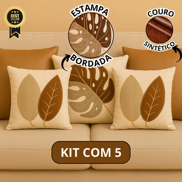 Kit 5 Almofadas Decorativas Couro Sintético e Linho Boho Luxo Chic Folhas Terracota Premium Decoração Sala Sofá