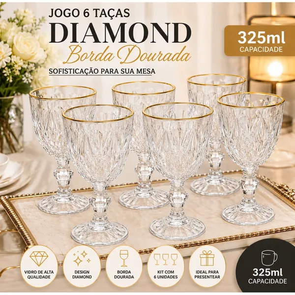 Jogo 6 Taças De Vidro 325ml Suco Vinho Água Diamond Qualidade 100%