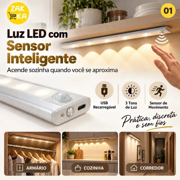Luz de LED com Sensor para Armário 60cm Ultra Fina 3 Cores, Recarregável (Branco/Quente/Natural)