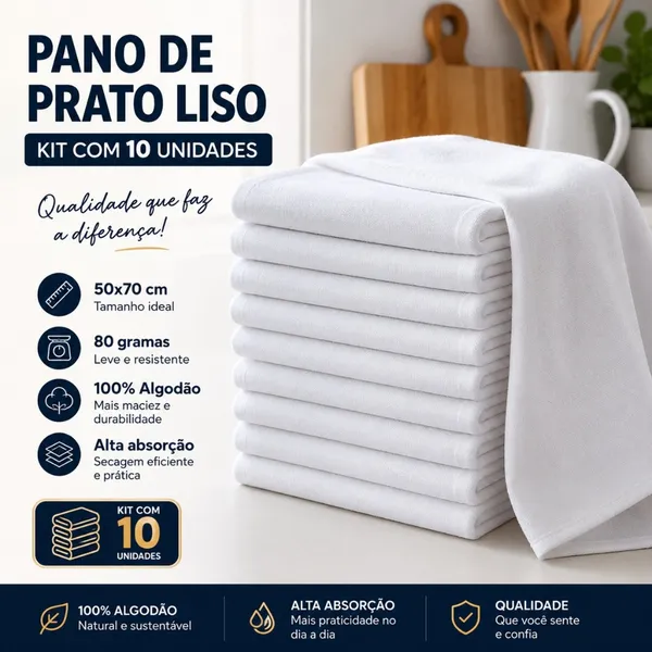 Kit 10 Pano De Prato Branco Liso 100% Algodão Cozinha e Copa Bainha Multiuso