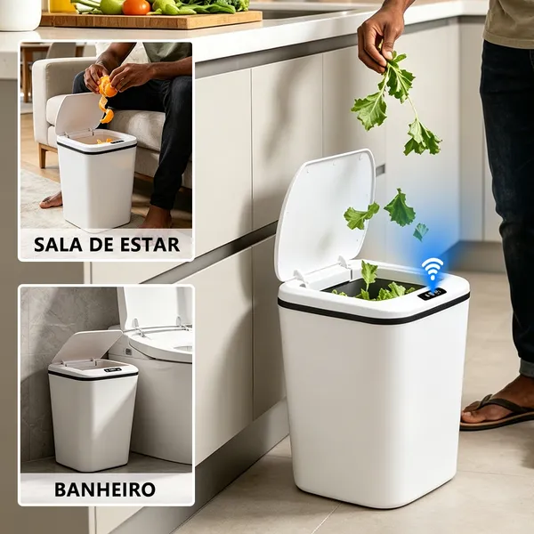 Lixeira Inteligente Automática 16L Recarregável USB com Sensor, Abertura Automática para Cozinha, Banheiro e Escritório