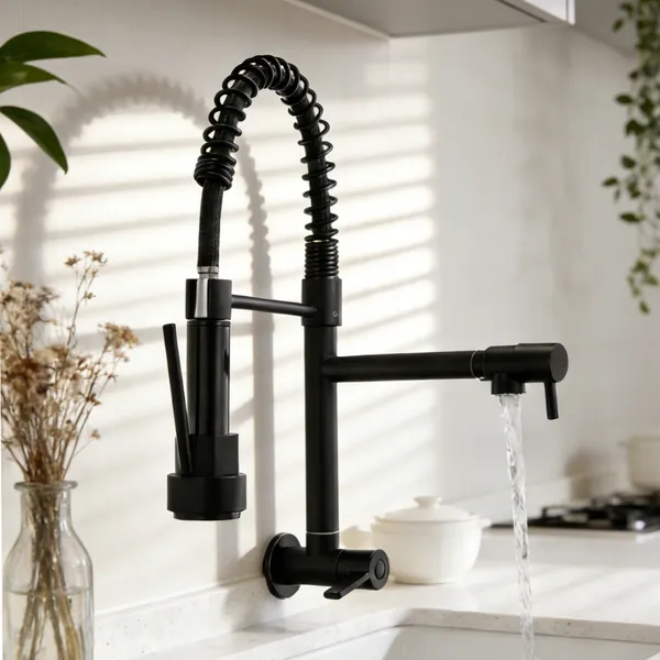 Torneira de Cozinha Gourmet Preta com Extensor de Spray Pull Down, Estilo Mola, 2 Jatos