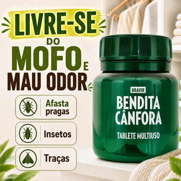 Bendita Cânfora Pastilha Tablete Pote com 30 unidades Odorizante Afasta mofo Insetos Armário Roupas