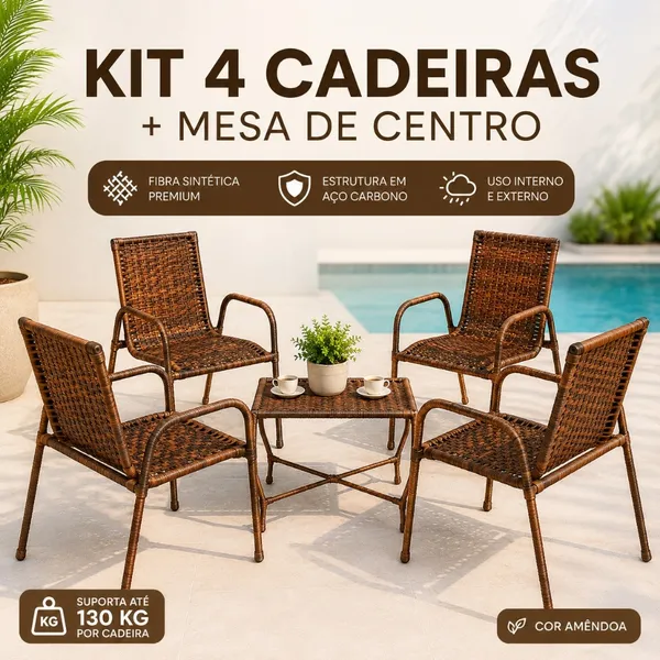 Kit 4 Cadeiras Junco + Mesinha Sintético para Jardim Piscina Área Externa Sacada Varanda Gourmet