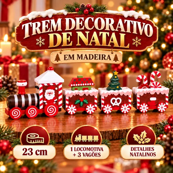 Trenzinho de Natal de Madeira com 3 Vagões Articulados Enfeite para Decoração Natalina Mini Trem