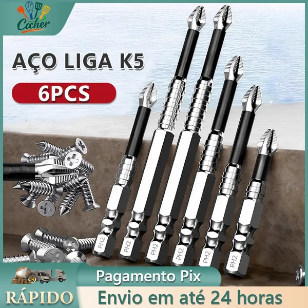 Kit 6 Pontas Bits Magnéticas K5 PH2 Philips de Alta Dureza