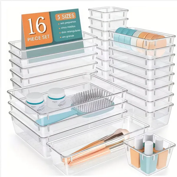 Kit 16 Organizadores Modulares para Geladeira Gavetas em Cristal, Multiuso e Empilháveis -R3