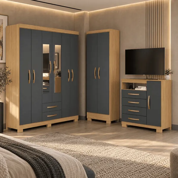 Kit Quarto Porto Belo Casal Guarda Roupa 6 Portas com Espelho Cômoda Sapateira e Multiuso 2 Portas