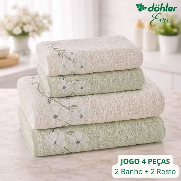 Jogo de Toalha Dohler 4 Peças de Algodão Banho e Rosto Super Macia Felpuda Ótima Absorção Eva
