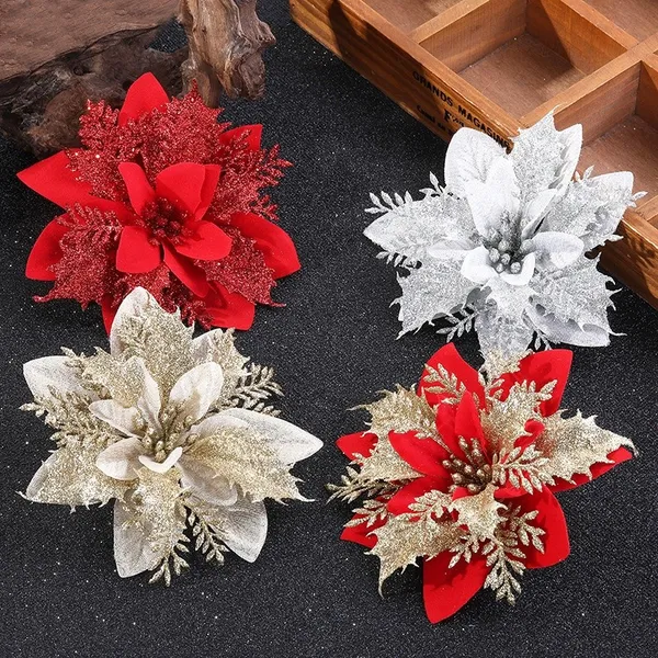 20 PCS Flores Artificiais Decoração Flores Natal Glitter Falsas Feliz Decorações árvore de Natal
