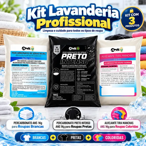 Kit Lavanderia Profissional Percarbonato ANS + Preto Intenso + Alvejante Tira Manchas Roupas Brancas Pretas Coloridas