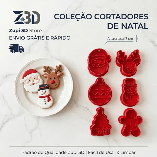 Kit 6 Cortadores De Biscoito Moldes Assar 3D Natal Marcador Com Puxador 7cm