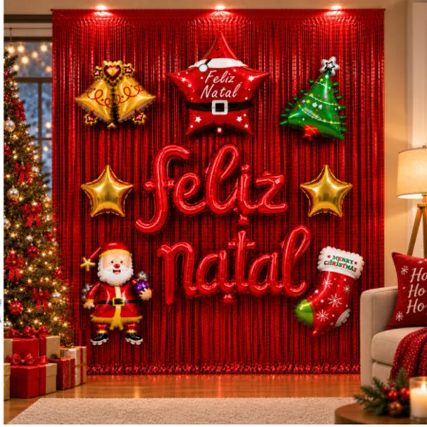 Kit Decoração de Natal Feliz Natal Balões Metalizados Cortina Painel Festa Papai Noel Estrela Bota Árvore