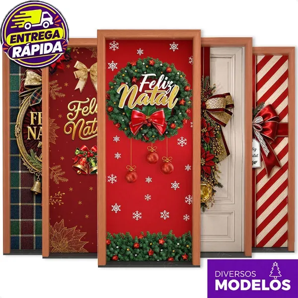 Capa de Porta Natal Decoração de Natal 0,85x2,10m Sublimado em Tecido Enfeite para Porta Natalina
