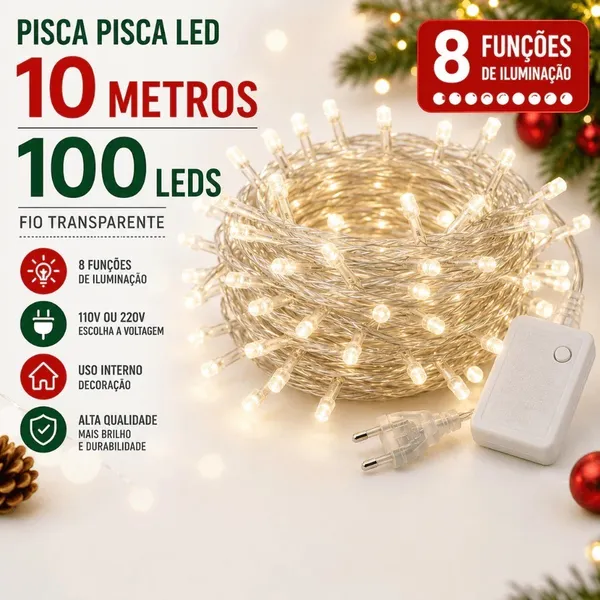 Pisca Pisca Natal Cordão 100 Leds 10m 8 Funções Varias Cores 110v / 220v-Marca LL