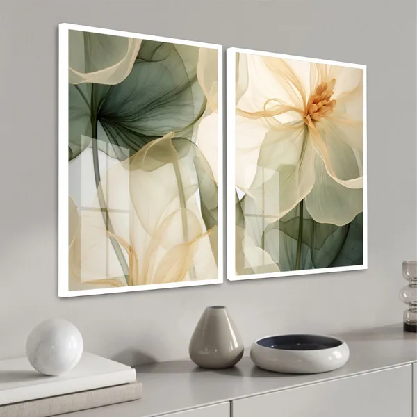 Kit 2 Quadros Grandes Flor Bege/Verde