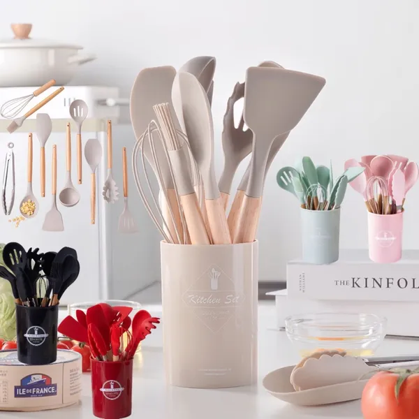 Kit 12 Peças Utensílios 800g De Cozinha Colheres Espatula Silicone Cabo Madeira Decoração Livre BPA