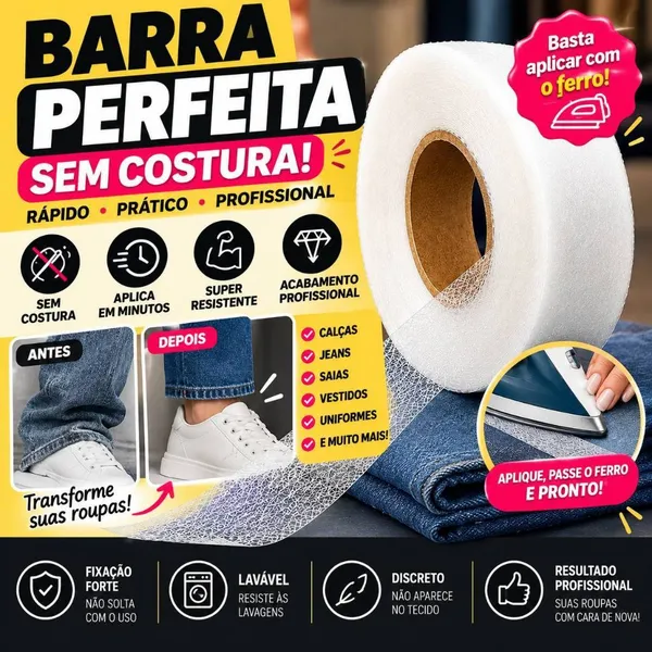 Fita para barra de calça termocolante bainha mágica sem costura com ferro - Fita barra Perfeita